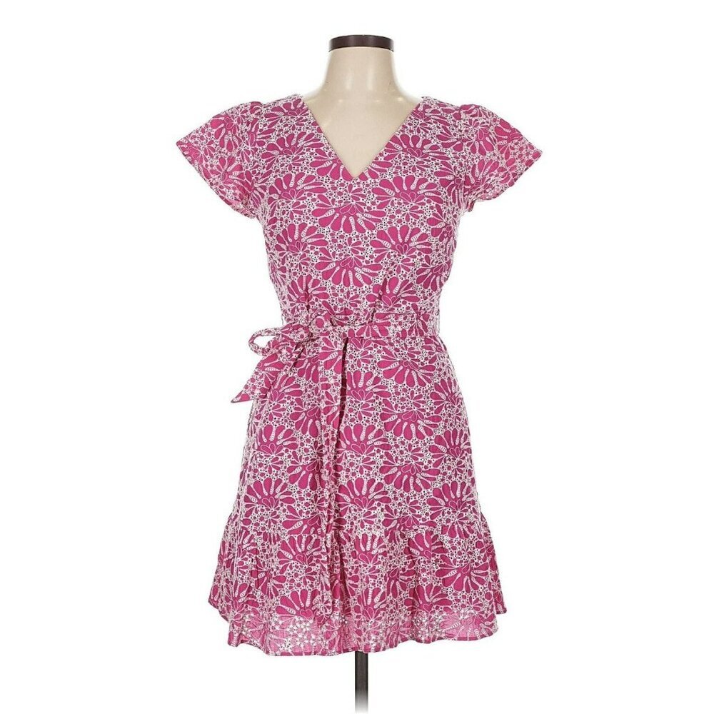 Short Sleeve Belted Bright Pink Dress w/ White Floral Embroidery Overlay Size 12